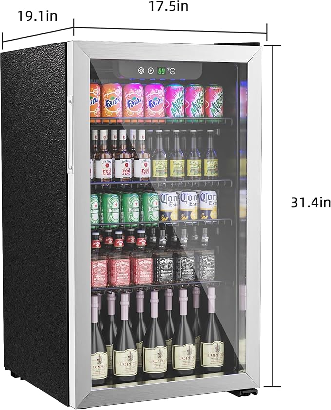 Compact Freestanding Beverage Refrigerator,126 Can/3.2 Cubic FeetMini Fridge with Reversible Glass Front Door for Soda, Beer, or Wine, Under Counter Drink Refrigerator with Adjustable Shelves