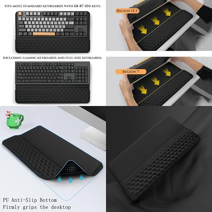 Ergonomic one-Piece Computer Keyboard Stand with Wrist Rest for Desktop Offers Two Support Angles. Silky Lycra Surface and Memory Foam Comfortable Hand Support (Black)