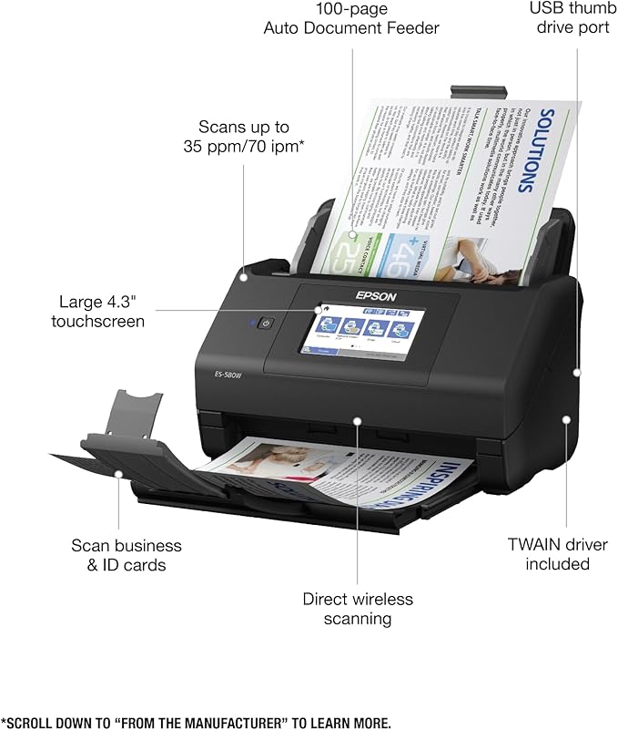 Epson Workforce ES-580W Wireless Color Duplex Desktop Document Scanner for PC and Mac with 100-sheet Auto Document Feeder (ADF) and Intuitive 4.3" Touchscreen