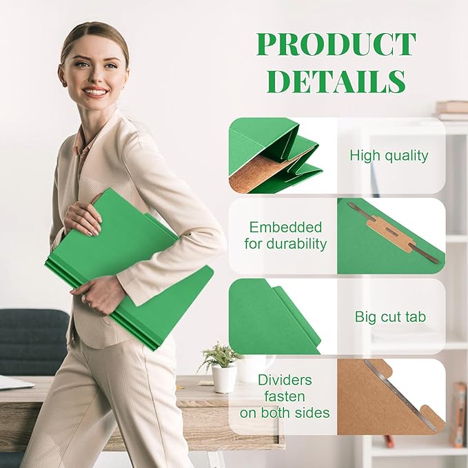 Skyygemm 48 Pcs Classification Folders Letter Size, 1 Divider Pressboard File Folder with Fasteners, Expanding File Organizer Bulk for Teachers, Clergy, Office, Church, Christmas Donations (Green)