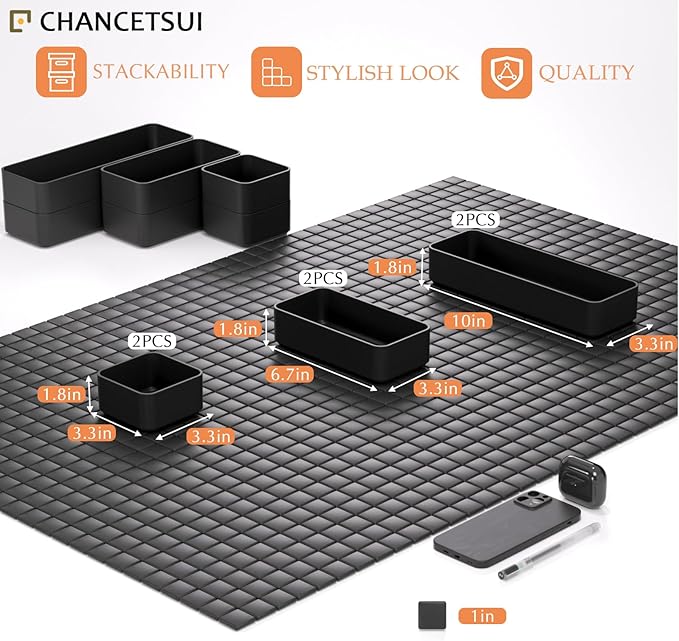 Organizer Drawers, Storage Plastic Desk Bins Stackable Organizers Tray, Bathroom Dividers Small Makeup Bin Clothes Organizing Trays for Containers Vanity Office Cabinet Desktop Compartment, Black