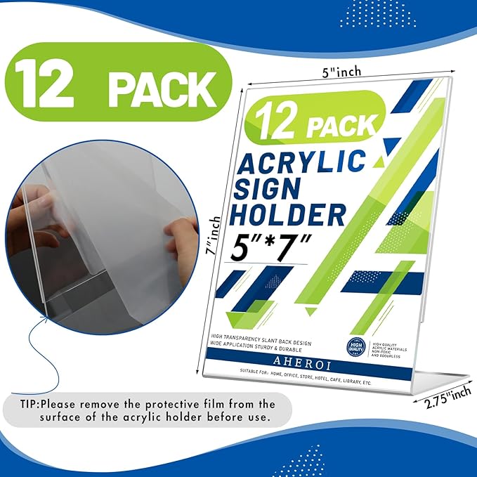 Aheroi 12Pcs Acrylic Sign Holder, 5x7 Clear Sign Holders, L-Shape Table Sign Holders Paper Stand, Plastic Sign Holder Standing, Paper Display Stand for Menu Document Display, Activities Supplies
