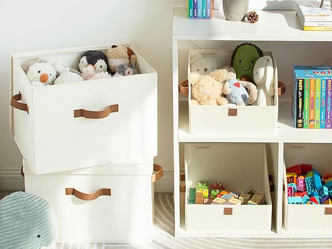 StorageWorks Fabric Storage Bins with Lid, Decorative Storage Boxes for Shelves, Stackable Closet Organizer Basket with Handles, Jumbo, Ivory White, 2-Pack