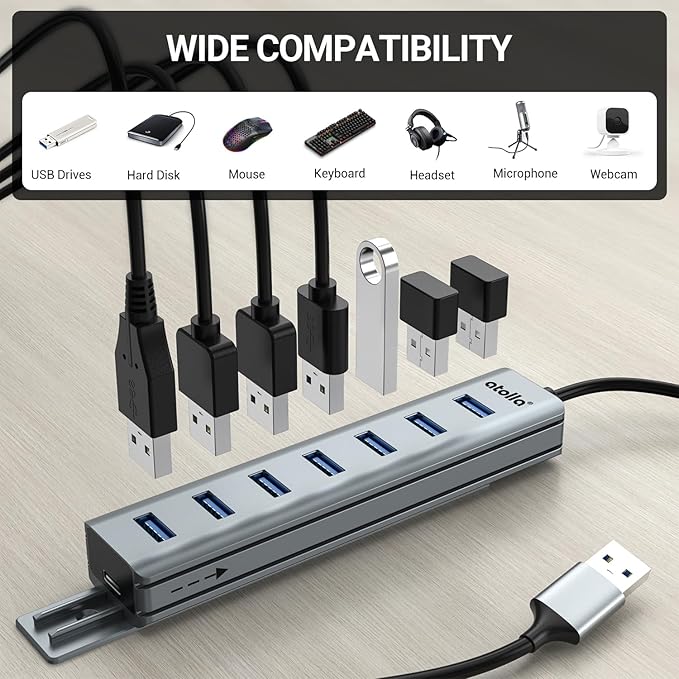 USB Hub 3.0, atolla 7-Port USB Hub Splitter with Sliding Rails for Fixing to Table/Host/Tile Wall Edges, Compatible with MacBook, Laptop, Surface Pro, PS4, PC, Flash Drive, Mobile HDD