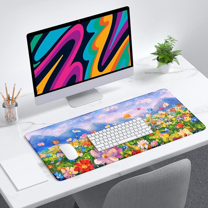 Desk Mat, 32" x 12" XXL Extended Large Gaming Mouse Pad, Desktop Decor Desk Pad, Cute Men Women Office Supplies and Accessories, XL Mouse Mat for Laptop & Keyboard, Oil Painting Flowers