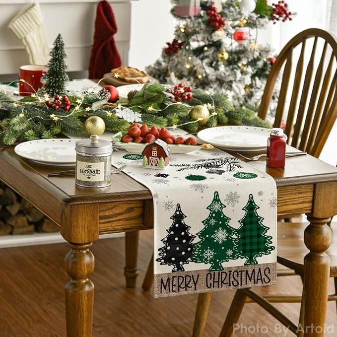 Artoid Mode Green Pine Trees Snowflake Merry Christmas Table Runner, Winter Xmas Holiday Kitchen Dining Table Decoration for Home Party Decor 13x72 Inch