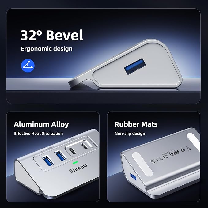 USB C Hub 10Gbps, 4 Port USB Splitter with 2 USB C/USB A 3.2 Data Ports, [Not Support Video and Chrging], Aluminum USB 3.2 Hub with 3.3Ft Cable for Laptop, PC, Mac, Flash Drive, Camera