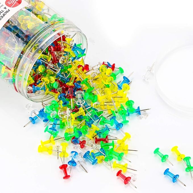 Yalis Push Pins 600 Count Clear Multicolored, Standard Thumb Tacks Steel Point and Clear Multi-Colors Plastic Head