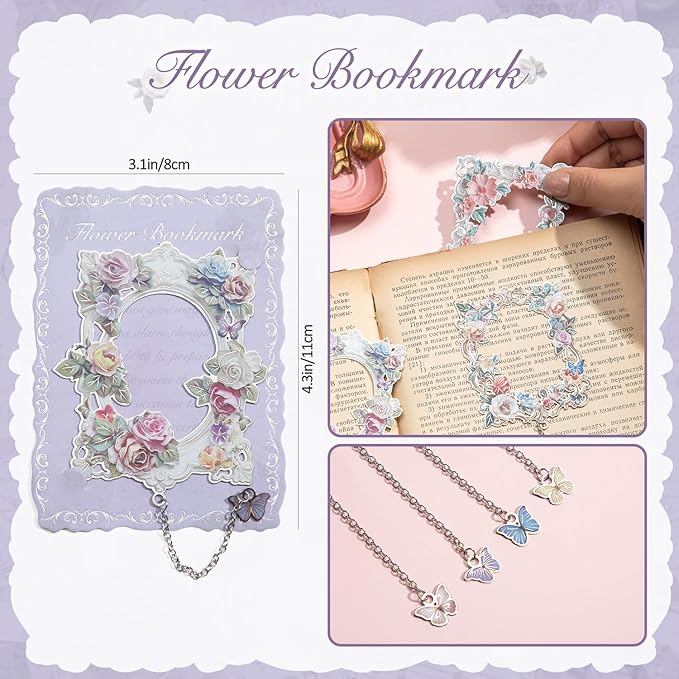 4 Pieces Metal Bookmarks for Women, Large Size Cute Hollow Bookmark Garland Flower Window Butterfly Unique Book Mark for Reading, Artistic Gift for Book Lovers Writers Readers Children Teens Men