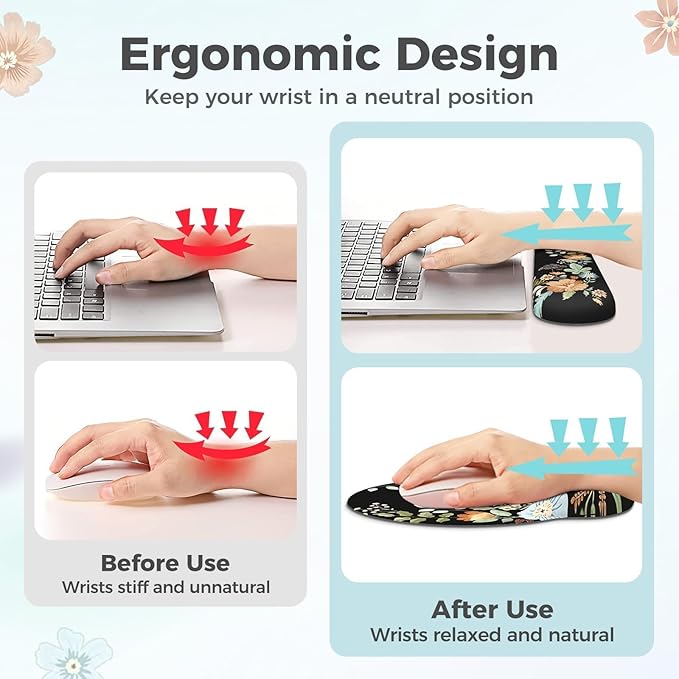 Scalloped Desk Cover Mat, Aesthetic Mousepad with Wrist Rest, Memory Foam Wrist Support for Keyboard, Ultra Smooth Mouse Pad for Office Desk Decor, School Supplies (Black)