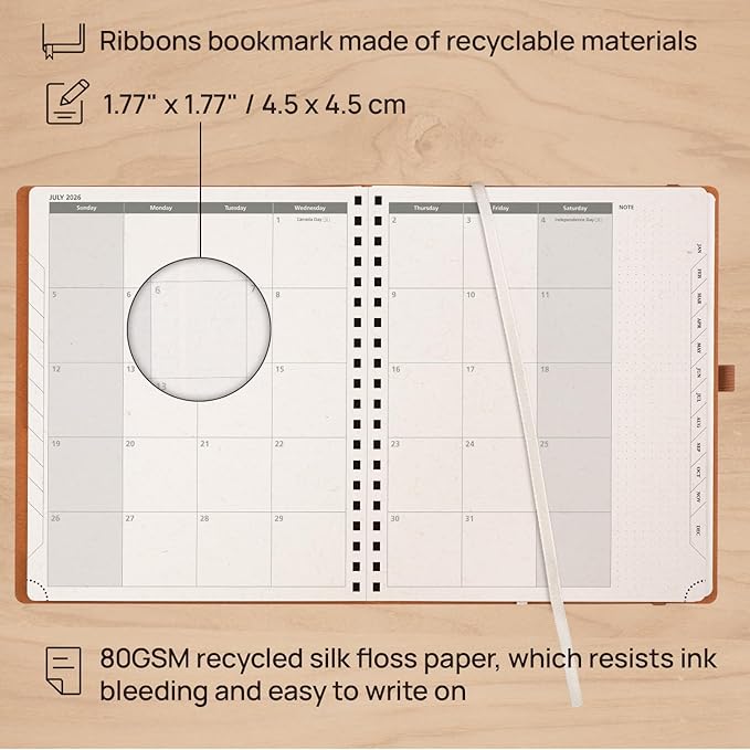 POPRUN 2026 Planner - 2026 Recycled Weekly Planner [Italian Regenrated Leather - Medium Size 8.5'' x 10.5''] - 2026 Weekly Planner with Hourly Schedule, Monthly Tabs-26-WERK7-BGY - Black Grey