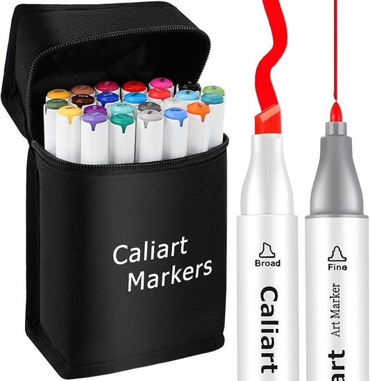 Caliart 24 Colors Fine & Chisel Permanent Alcohol Markers, Dual Tip Artist Sketch Art Markers Set for Adult Coloring Book, Aesthetic Cute School Supplies, Pens for Drawing Coloring Illustrations