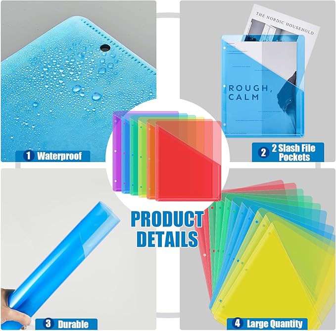 Seajan 24 Pcs Pocket Folders for 3 Ring Binder Clear Plastic Folders Sleeves with 2 Pockets 3 Hole Punch Binder Dividers Poly Slash File Jackets for Office School Document Organizer (Multicolor)