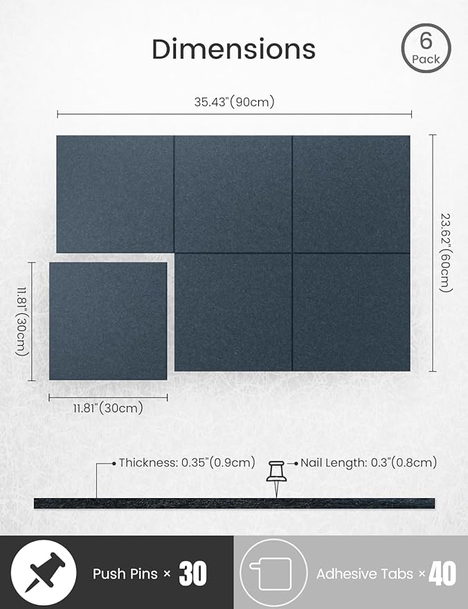 Bumusty Large Cork Board 36"x24" Alternative - 6 Pack Felt Wall Tiles with 40 Safe Removable Adhesive Tabs, 30 Pushpins, Cork Boards for Walls Pin Board Bulletin Board (Deep Charcoal Blue)