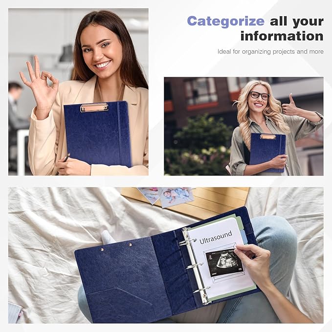 Ospelelf 2 Inch Mini Binder 3 Ring, Vintage Leather Clipboard Binders Dividers with Tabs 5.5" x 8.5", Professional Binder Organizer, Navyblue