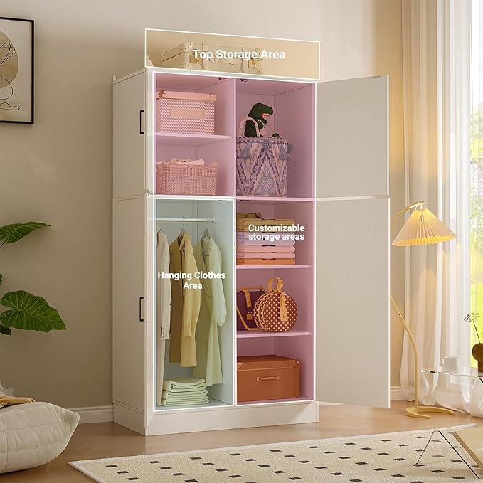 Unikito 71'' Farmhouse Wardrobe Closet with Hanging Rod, 4 Barn Door Clothing Storage Cabinet with Adjustable Shelves, Freestanding Wardrobe Cabinet for Bedroom, Living Room, Cloak Room, Office, White