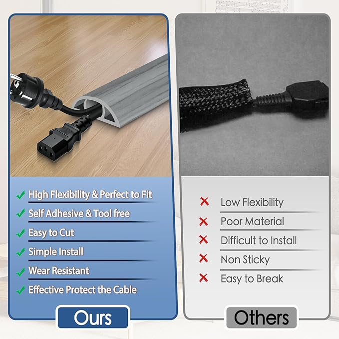 Floor Cord Cover for Wires on Floor Self Adhesive Cord Hider Floor Cable Management Wire Covers for Cords Protector Prevent Cable Trips Cord Cavity W 0.47" x H 0.27", Gray Wood, 3.3Ft