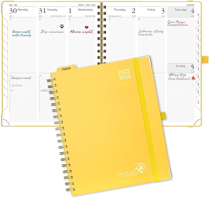 POPRUN Academic Planner 2025-2026 (July 2025-June 2026), Daily Weekly and Monthly Appointment Book (Wirebound Hard Cover - 10'' x 8'') with Hourly Time Slots, Tabs, 100 GSM - Light Yellow