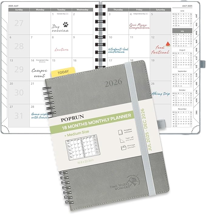 POPRUN Monthly Planner 2025-2026 Spiral Bound (6.5" x 8.5") 18 Months Calendar (Jul 2025 - Dec 2026) - 4 Pages per Month with Monthly Expense & Notes, Sunday Start, Leather Cover - Grey