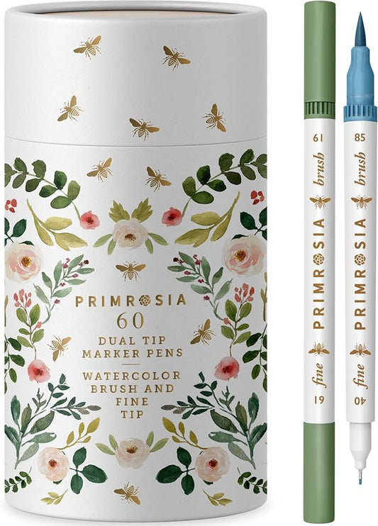 Primrosia 60 Dual Tip Marker Pens, Fineliner and Watercolor Brush Pens for Art Sketching Illustration Calligraphy Permanent Highlighter Bullet Journal Drawing Coloring
