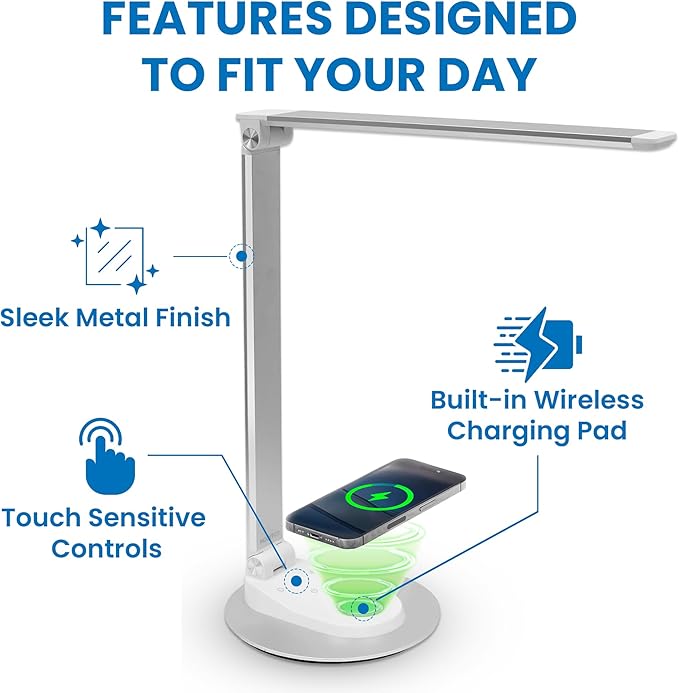 Mount-It! LED Desk Lamp with Wireless Charger and USB-C Charging Port, Dimmable Desk Lamp with 25 Brightness and Color Modes, for Home or Office, Adjustable Arm, Silver/White