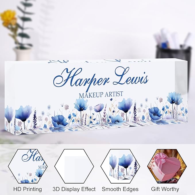 Custom Name Plate for Desk, Personalized Acrylic Office Name Sign with Name & Title, Elegant Desk Decor for Women Men, Employee Appreciation Gift (Blue-1)