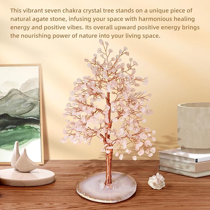 Hopeseed Rose Quartz Chakra Crystal Tree of Life Handmade Bonsai Healing Crystals Tree for Home, Desk, Living Room, Office Decor for Positive Energy, Good Luck Birthday Gift for Women, Mom, Men
