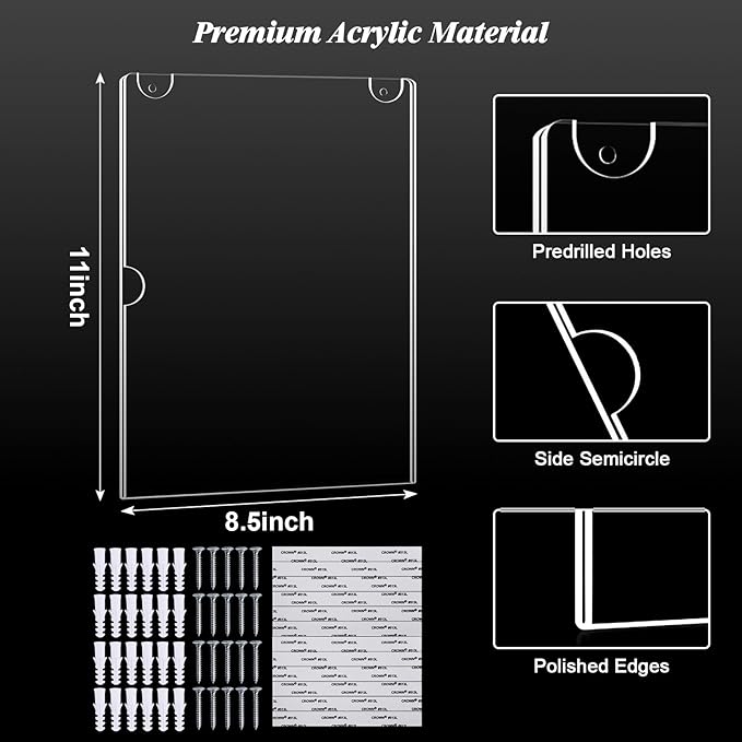 6pack Acrylic Wall Sign Holder with Serews&Tape,8.5 X 11 Wall Mount Clear Plastic Sign Holder,Memo Document Menu Holder for Restaurant, Office, School, Store and Home Use,Support No Drilling