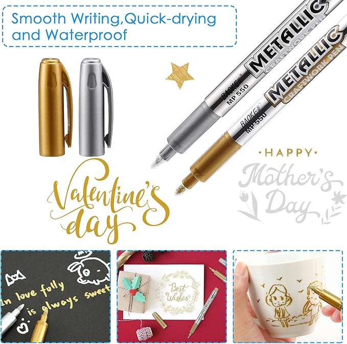 LOONENG Gold and Silver Marker Metallic, Fine Point Gold and Silver Markers Permanent Metallic for Artist Illustration, Crafts, Gift Card Making, Scrapbooking, Fabric, DIY Photo Album, 8 Count