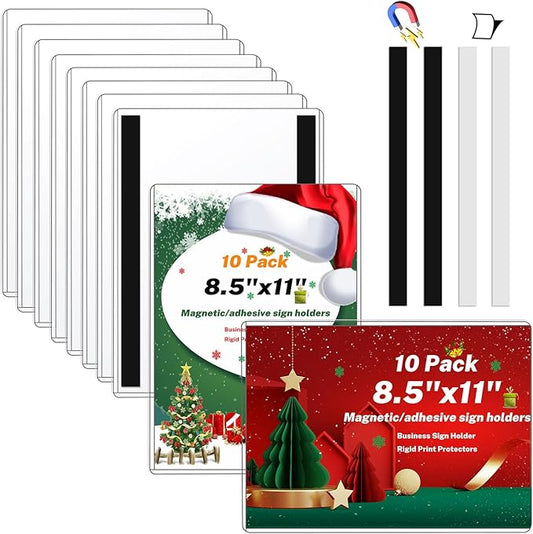 Magnetic Wall Sign Holder 8.5x11 10 Pack, Clear Rigid Plastic Sign Holders with Magnet Strips and Adhesive Strips for Office/Restaurant Door/Display Window Poster/Document