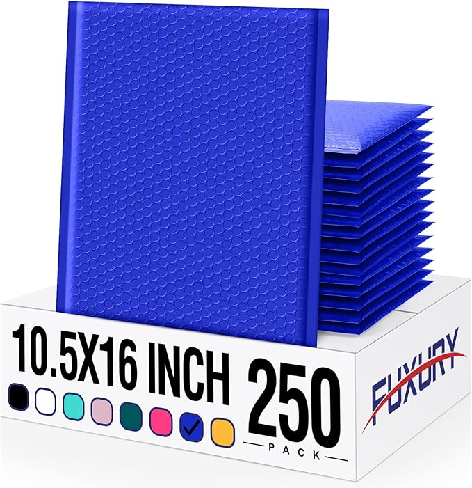 Fuxury Large Bubble Mailers 10.5x16" 250 Pack Royal Blue Self Seal Padded Envelopes Bulk Waterproof Mailing Envelopes Bubble #5 Cushioning Padded Mailers for Small Business Packaging