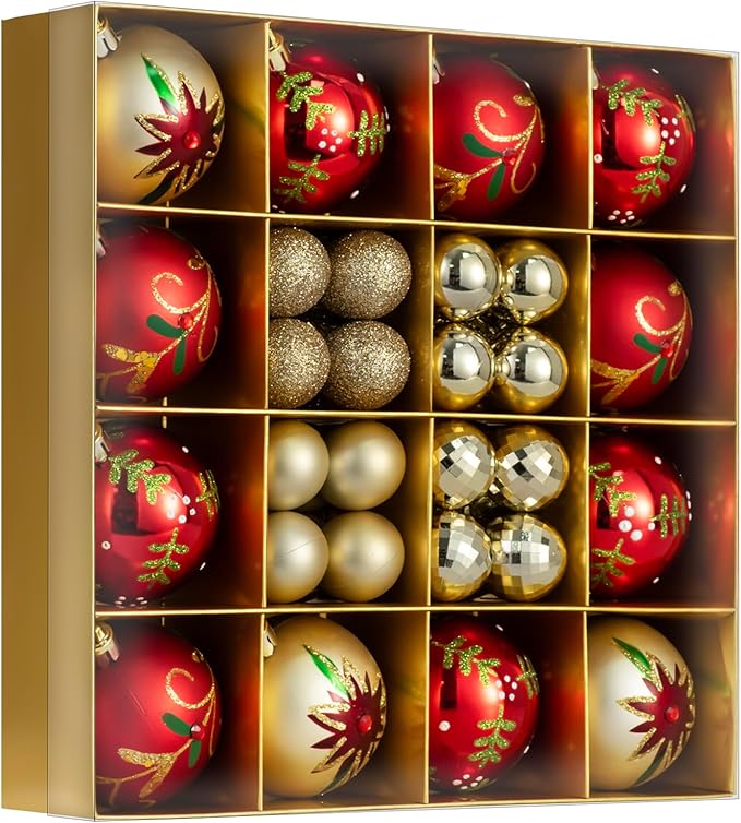 44PCS Christmas Ball Ornaments Set Xmas Tree Decoration Balls 2025 Shatterproof Hanging Colored for Party Wedding Home Party Outdoor Indoor Red & Golden