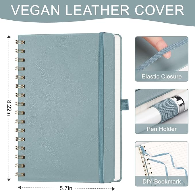 AHGXG Lined Spiral journaling notebooks With Numbered Pages, Hardcover Leather College Ruled Notebook 5.7" x 8.3" A5, light ivory Paper, Notebooks for School Work, Journals for Women,GrayBlue