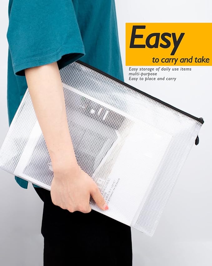 SUNEE 18pcs Plastic Mesh Zipper Pouch, A3, Extra Large, 16x11 in, Water-Resistant Zip Bag for School Office Supplies, Puzzles & Games Organizing Storage (Black, 18 Pack)