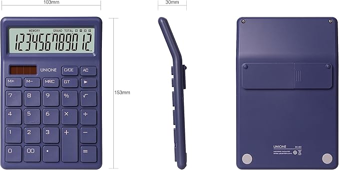 UNIONE Desktop Navy Calculator with a Bright LCD, Dual Power Handheld Desktop. Color. Business, Office, High School, 4×6 inch