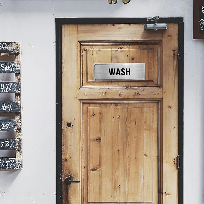 Wash Rinse Sanitize Sign Aluminum Silver 9 x 3 Inches Self-Adhesive Waterproof Metal Door Wall Sign for Business Offices 3 Pack