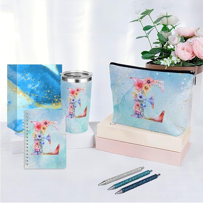 Personalized Gifts Monogrammed Birthday Gifts for Women, Daughter Bestie Friendship Christmas Initial 20 oz Tumbler, Makeup Bag Cup Ballpoint Pens Journal Notebook 6 Set, (Aesthetic Blue Flower E)