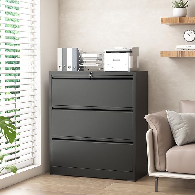 Lateral File Cabinet with Lock, 3 Drawer Metal File Cabinets for Home Office, Large Filing Storage Cabinet Printer Stand, Steel Wide File Cabinet for Legal/A4/F4/Letter Size Files, Black