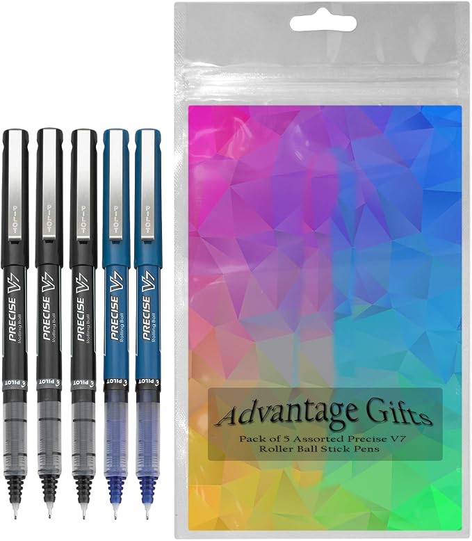 Precise V7 Stick Rolling Ball Pens, Fine Point (.7mm), Assorted Colors Black/Blue Ink, 5-pk; Bundle with Plastic Reusable Pouch