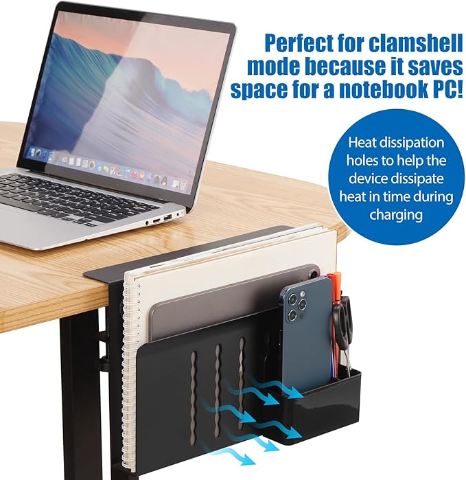 Desk Side Storage, Under Desk Laptop Mount, Table Side Hanging File Organizer, No Drill Clamp On Cable Management Tray, Laptop Holder with Magnetic Pen Holder for Office and Home(Black)