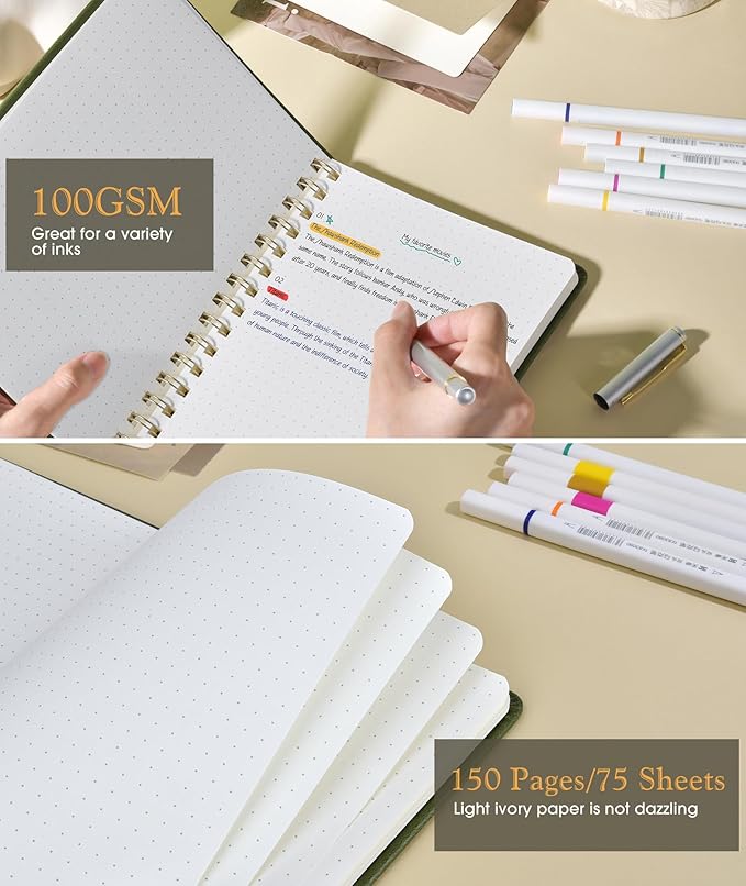 Dotted Spiral Journal Notebook, A5 Hardcover Spiral Journals for Women Men, 100 GSM Dot Grid Paper Notebooks, 150 Pages Spiral Bullet Dotted Notebook for Writing Note Taking 5.75" x 8.38" Olive Green