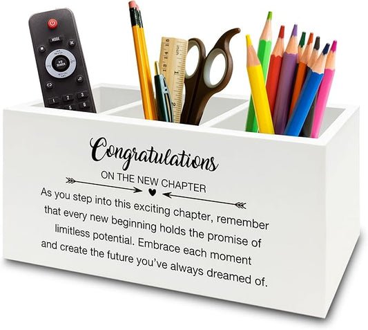Congratulations Gift Pen Pencil Holder Organizer for Desk, Graduation Gifts, New Job Gifts, Congratulations on the New Chapter Wooden Box Sign for Home Office Desk Tabletop Decorations