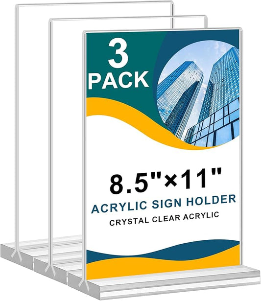 8.5x11 Acrylic Sign Holder 3 Pack Vertical Clear Table Menu Signs Holder,Double Sided Desktop Display Stand Plastic Picture Paper Frame Tabletop Sign Holder for Restaurants, Office, Show Fair, Store