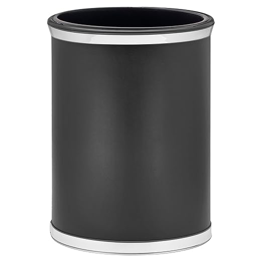 Kraftware Sophisticates Oval Wastebasket with Plastic Liner, Adding Classic Style to The Bathroom and All Other Rooms in The Home or Office, 13 Quart Capacity, Black with Polished Chrome Trim