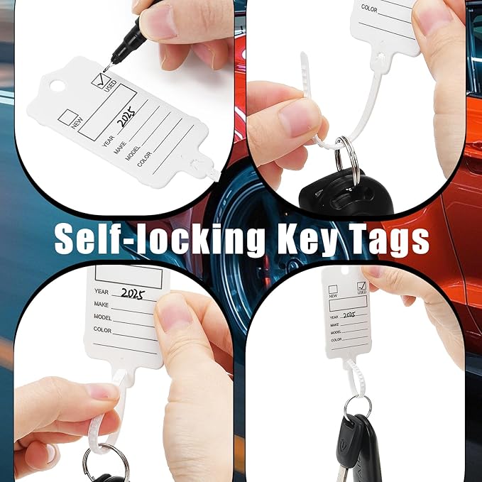 200 Car Key Tags with Labels Plastic Car Dealership Key Tags Self Locking Automotive Identifiers Blank Shop Labels with One Pen (White)