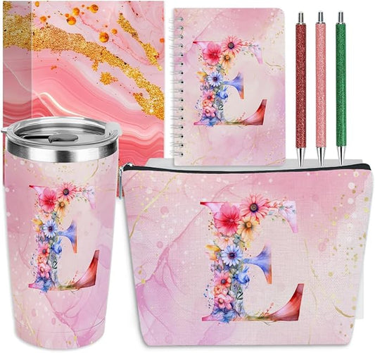 Personalized Gifts Monogrammed Birthday Gifts for Women, Daughter Bestie Friendship Christmas Initial 20 oz Tumbler, Makeup Bag Cup Ballpoint Pens Journal Notebook 6 Set, (Aesthetic Pink Flower E)