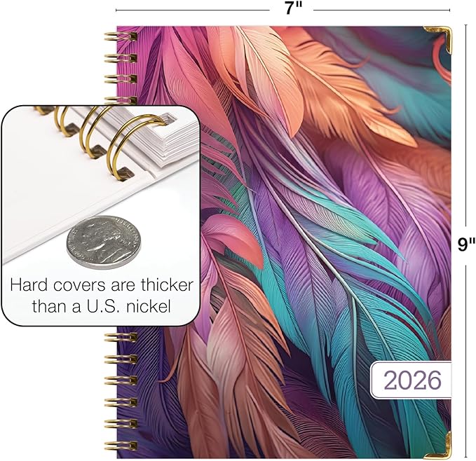 HARDCOVER 2026 Planner, 7"x9": 14 Months (November 2025 - December 2026), Daily Weekly Monthly Planner, Yearly Agenda, Bookmark, Pocket Folder and Sticky Note Set (Pastel Peacock)