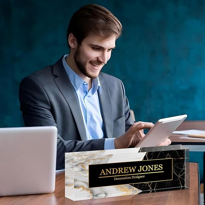 Ship Next Day Personalized Name Plate for Desk, Custom Acrylic Desk Name Sign, Office Appreciation Gifts for Women Men Coworkers Boss Teacher Employee (B/W Marble)