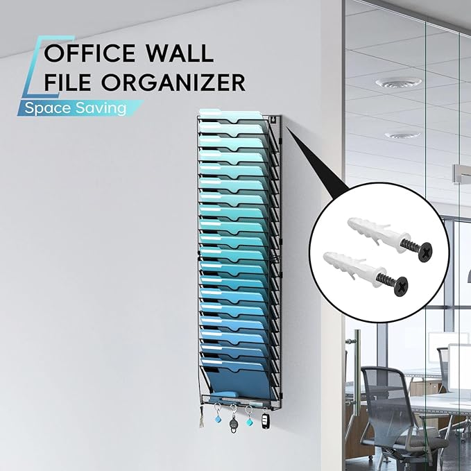 20-Tier Wall File Organizer with 5 Hooks, Hanging Mail Organizer Wall Mounted File Holder, Magazine Rack for Papers, Folders, Magazines, Office Organization, Assembly Needed, Black