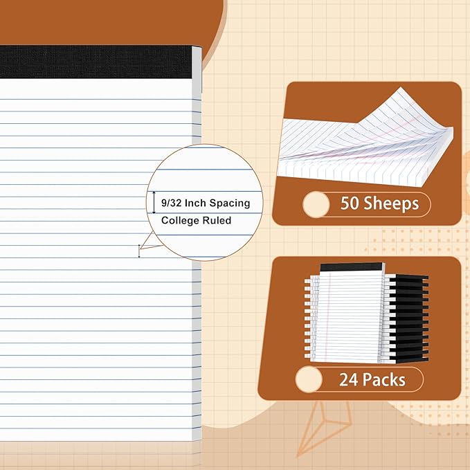 Legal Pads 8.5 X11, Narrow Ruled Notepads, 24 Pack, 50 Sheet/Pad, White Legal Pads, Tear Off Notepad, Perforated Writing Pad, Notebook Paper College Ruled, Notepads for Office Home School, Notepad